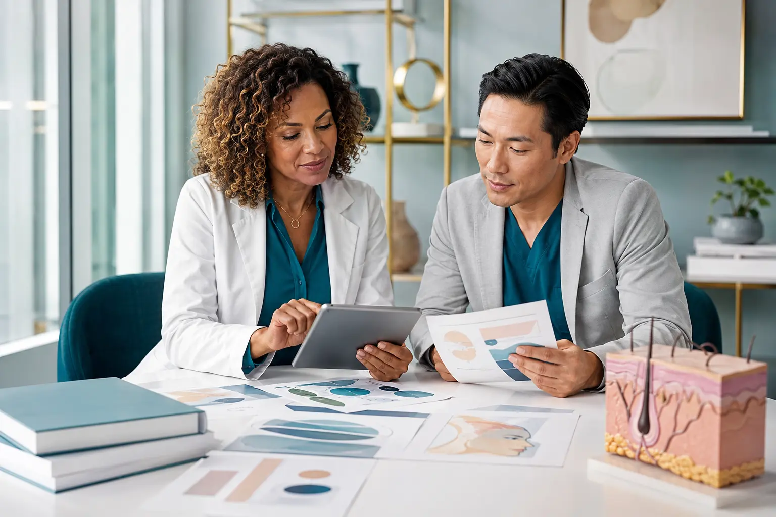 Healthcare professionals reviewing dermatology resources