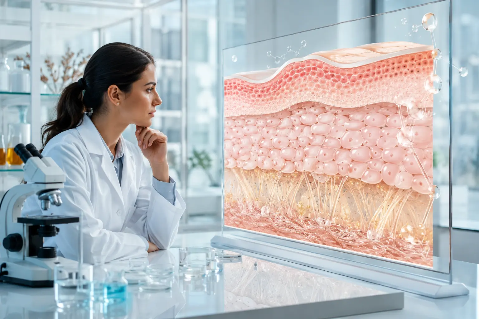 Dermatology scientist studying skin conditions